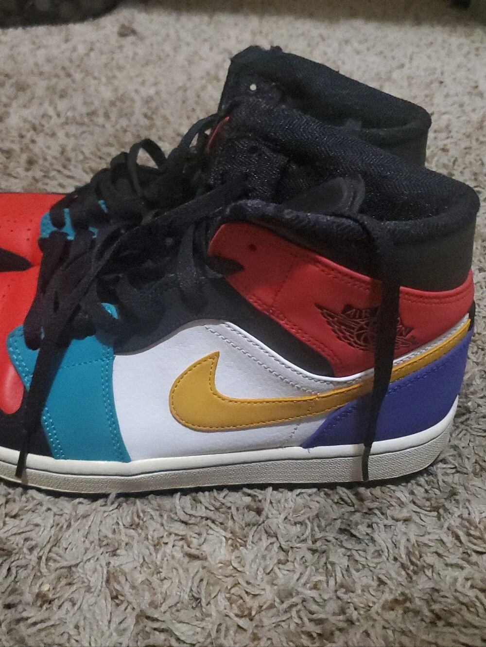 Nike Mens Jordans High-Top Sneakers - Red, Blue & Gold Trim